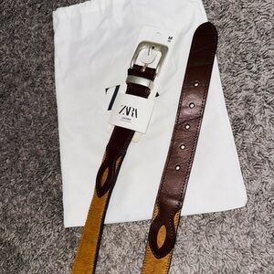 Zara Brown Leather Men's Cowboy belt Size M 90 NWT Dust Bag Included